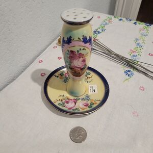 VTG  Limoges CHINA Porcelain Hat Pin Holder W/ Trinket Dish Gold Trim Floral